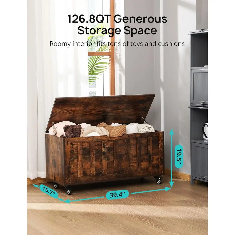Rustic Brown Wooden Storage Bench, 39.4 with 4 Wheels & 2 Hinges, Supports 300 lbs, for Home Décor
