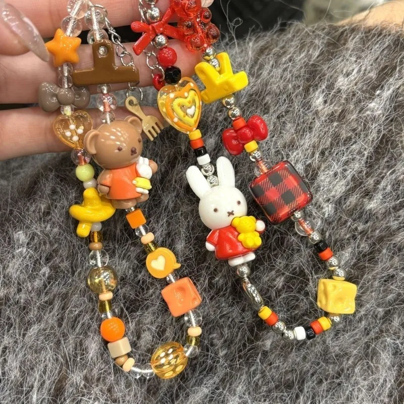 Kawaii Miffy & Boris Bear Hanging DIY Beaded Cartoon Decor Detachable Lanyard CCd Camera Pouch & Bag Charm for Travel