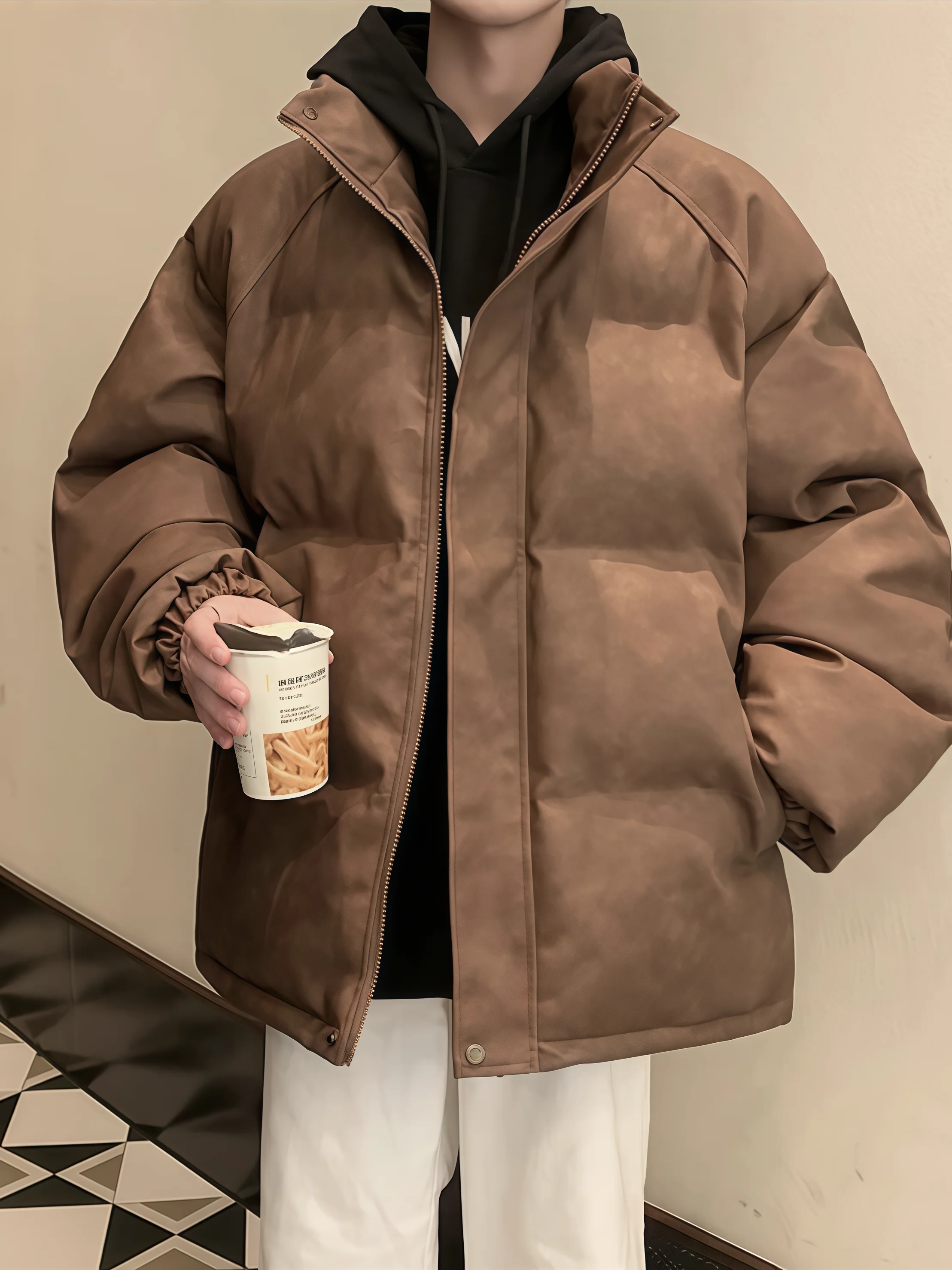 

Retro Matte PU Leather Men's down Jaet Thiened Winter Coat Wal Sli Brand Urban Casual Waterproof Warm Faion