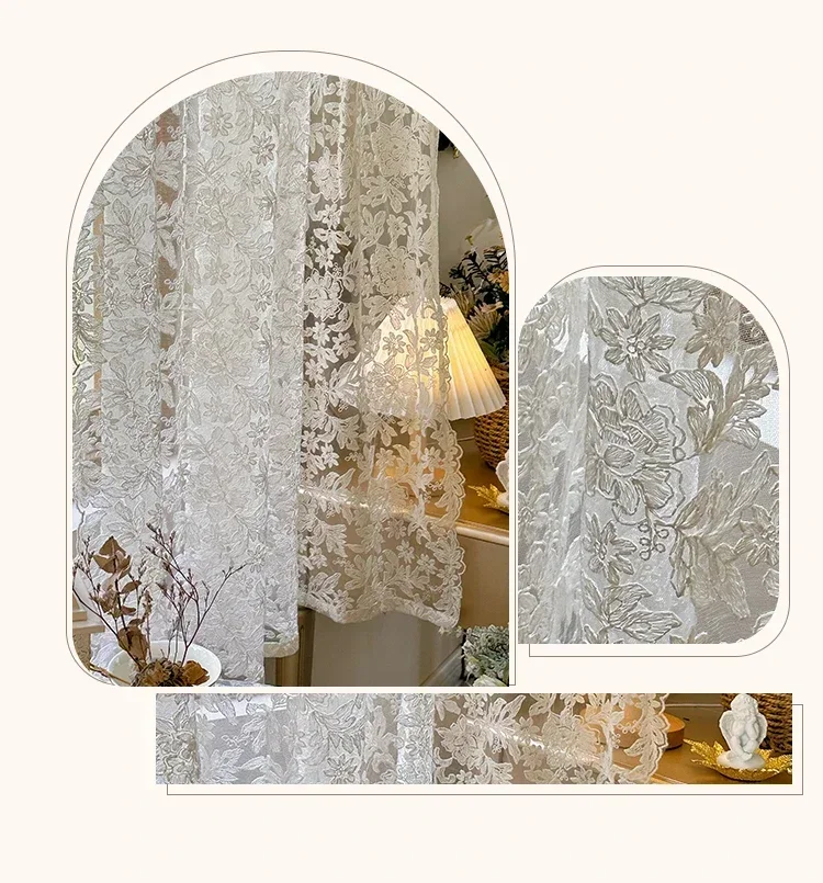 Französische weiße Tüll-Spitze-Vorhänge für Wohnzimmer, cremefarben, Retro-Stil, gewellter Rand, Schlafzimmer, Erkerfenster, Mädchen-Stickerei, Tür, weißer Tüll – Detail 2