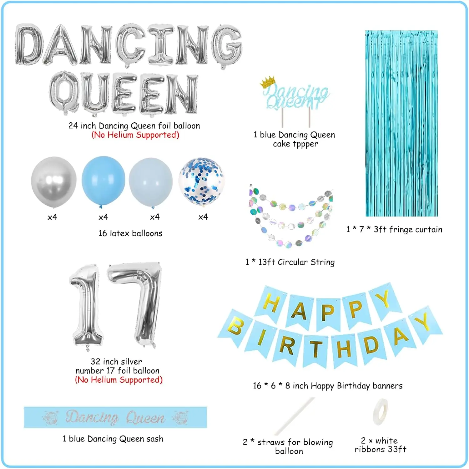 Blue and Sliver Dancing Queen 17th Birthday Decorations Disco Party Decors Dancing Queen Banner Crown Balloon Fringe Curtains