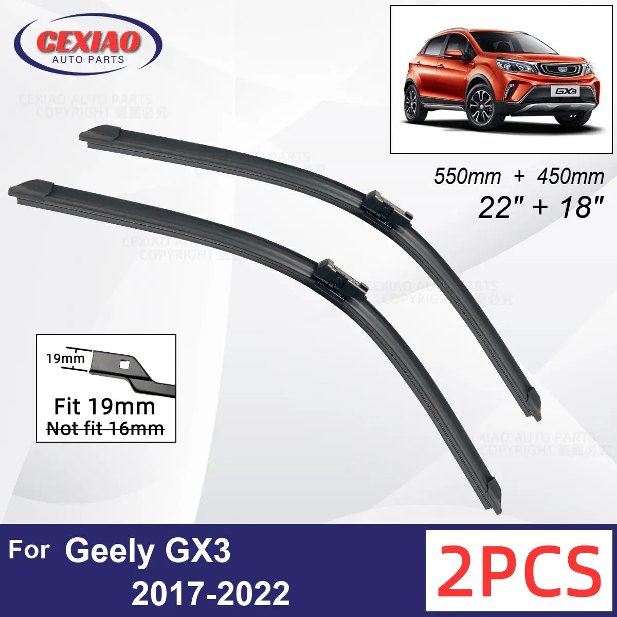 

Car Wiper For Geely GX3 2017-2022 Front Wiper Blades Soft Rubber Windscreen Wipers Auto Windshield 22"+18" 550mm + 450mm