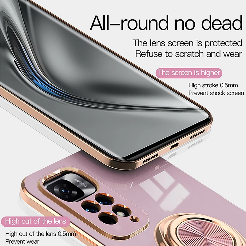 Electroplated Silicone Stand Phone Case For Xiaomi Redmi Note 11 12 10 10S 11S 12S 11T 12T 10T Finger Ring Bracket Protect Cover