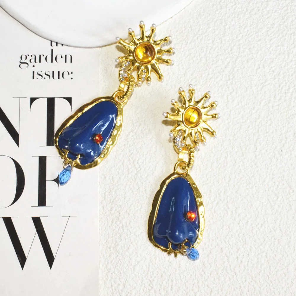 Übertriebene blaue Rosenförmige Tropfen-Ohrringe für Damen, Schmuck, Barock-Stil, Party-Show, Statement-Ohrringe, Zubehör – Detail 8