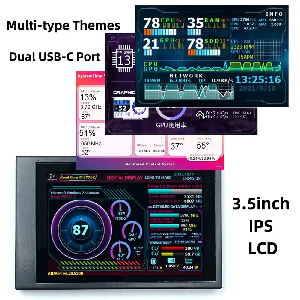 3.5 Inch IPS Display Screen Secondary Monitor Horizontal Vertical Screen Switching 360° Rotation For Computers ITX PC Chassis