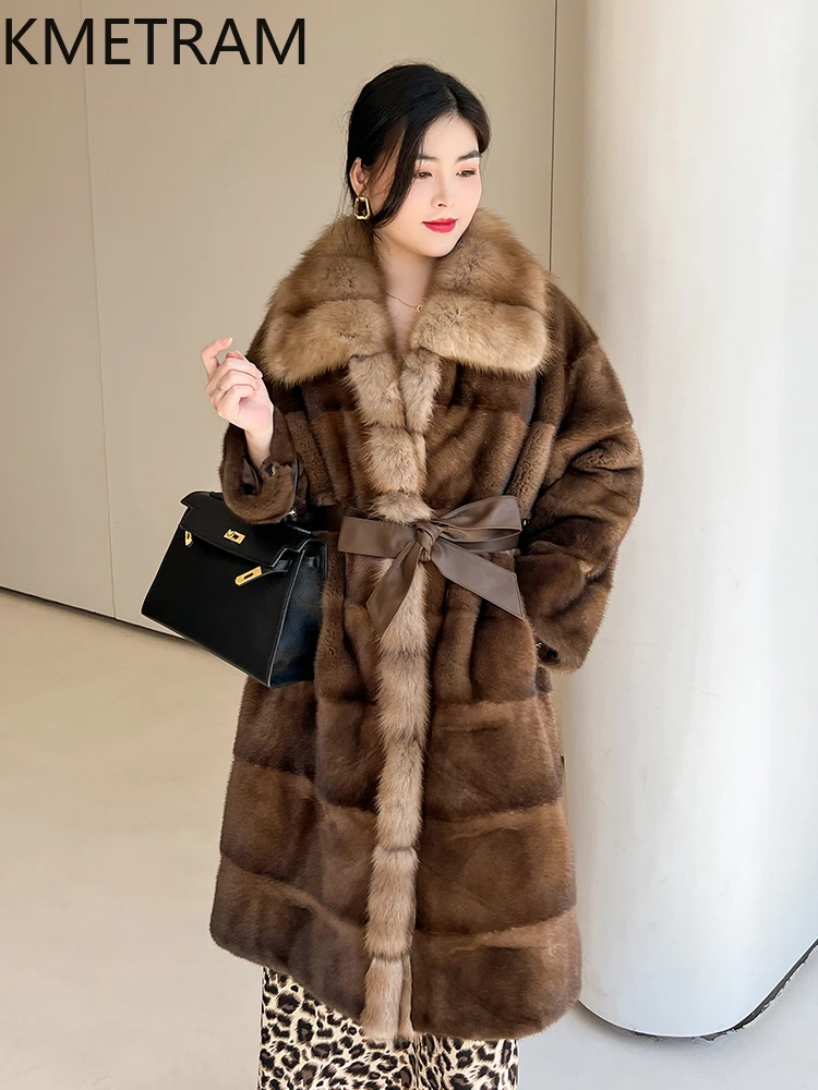 معاطف KMETRAM 100% من فرو المنك المخملي للنساء معطف فرو حقيقي فاخر عالي الجودة لشتاء 2025 ملابس خارجية جديدة سوداء طويلة للنساء #4