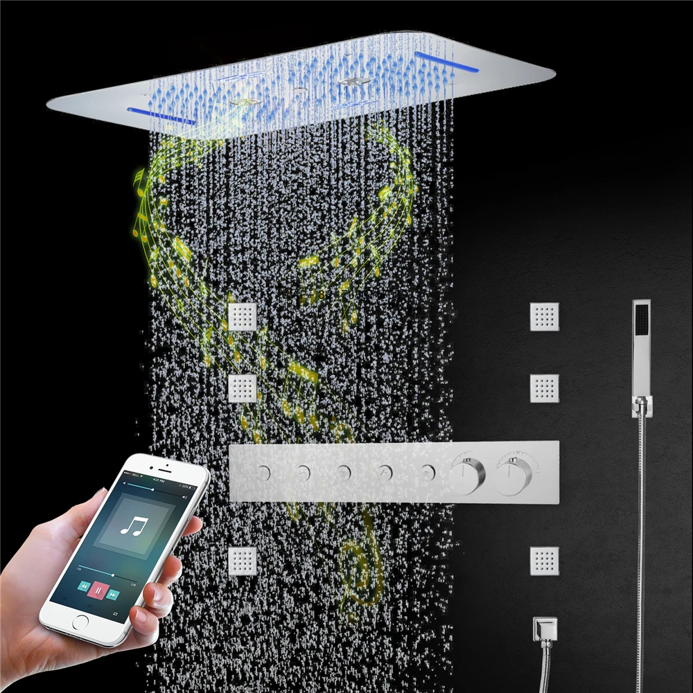 Nowoczesna, montowana na ścianie, polerowana, mosiężna bateria termostatyczna z deszczownicą LED z muzyką, o wymiarach 23x15 cali, z funkcją wodospadu i strumieniowego prysznica.