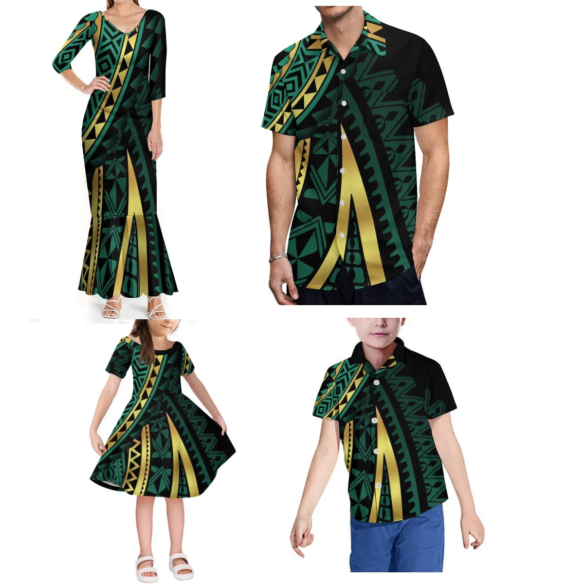 Hawaiian Fashion Couple Dress Print Style Samoan Family Suit Women'S Mid-Sleeve Dress And Men'S Aloha Shirt Girl Dress