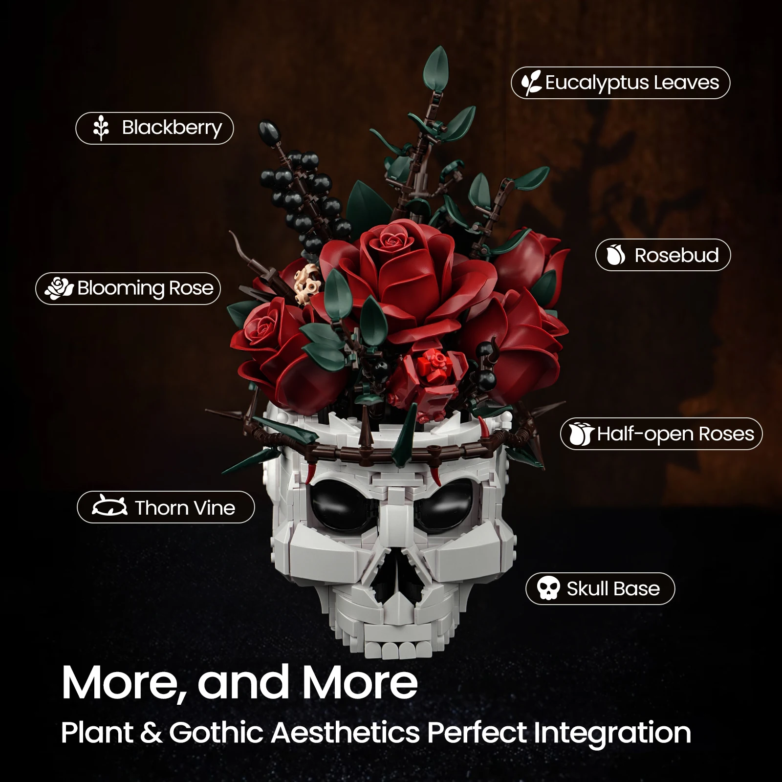 SupreOwls Skull Flowers Building Blocks Set Gothic Roses Bouquet