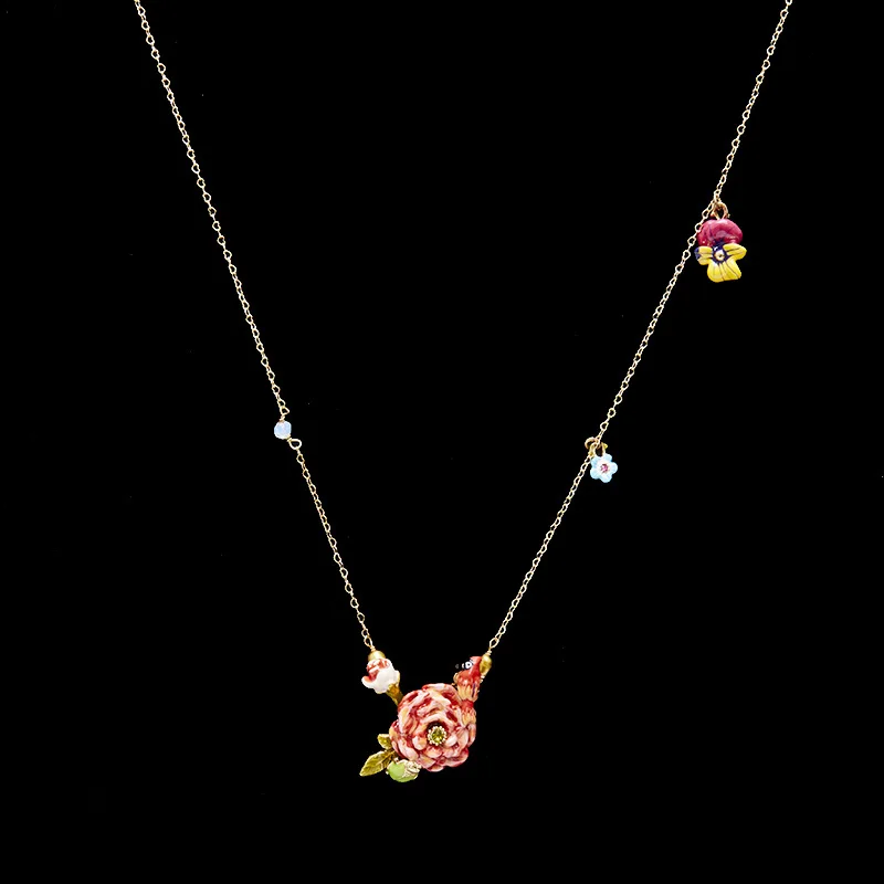 French Exquisite Fashion Color Glaze Red Malus Spectabilis Parrot Rose Pendant Necklace Sweater Chain Copper Gold Plated Craft