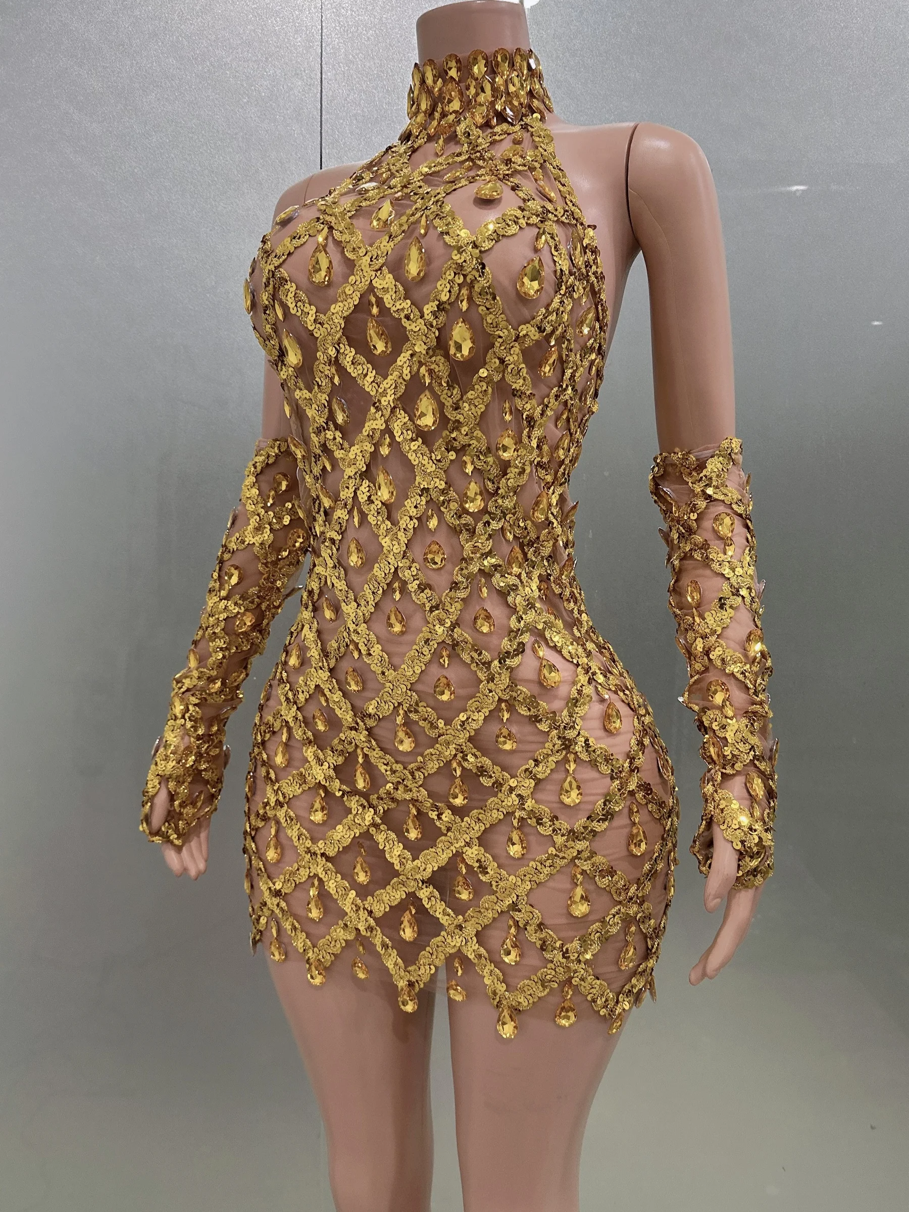 Sexy See-Through Backless Gold Rhinestones Gloves Sheath Dress Evening Party Performance Costume Bar Nightclub Singer Stage Wear