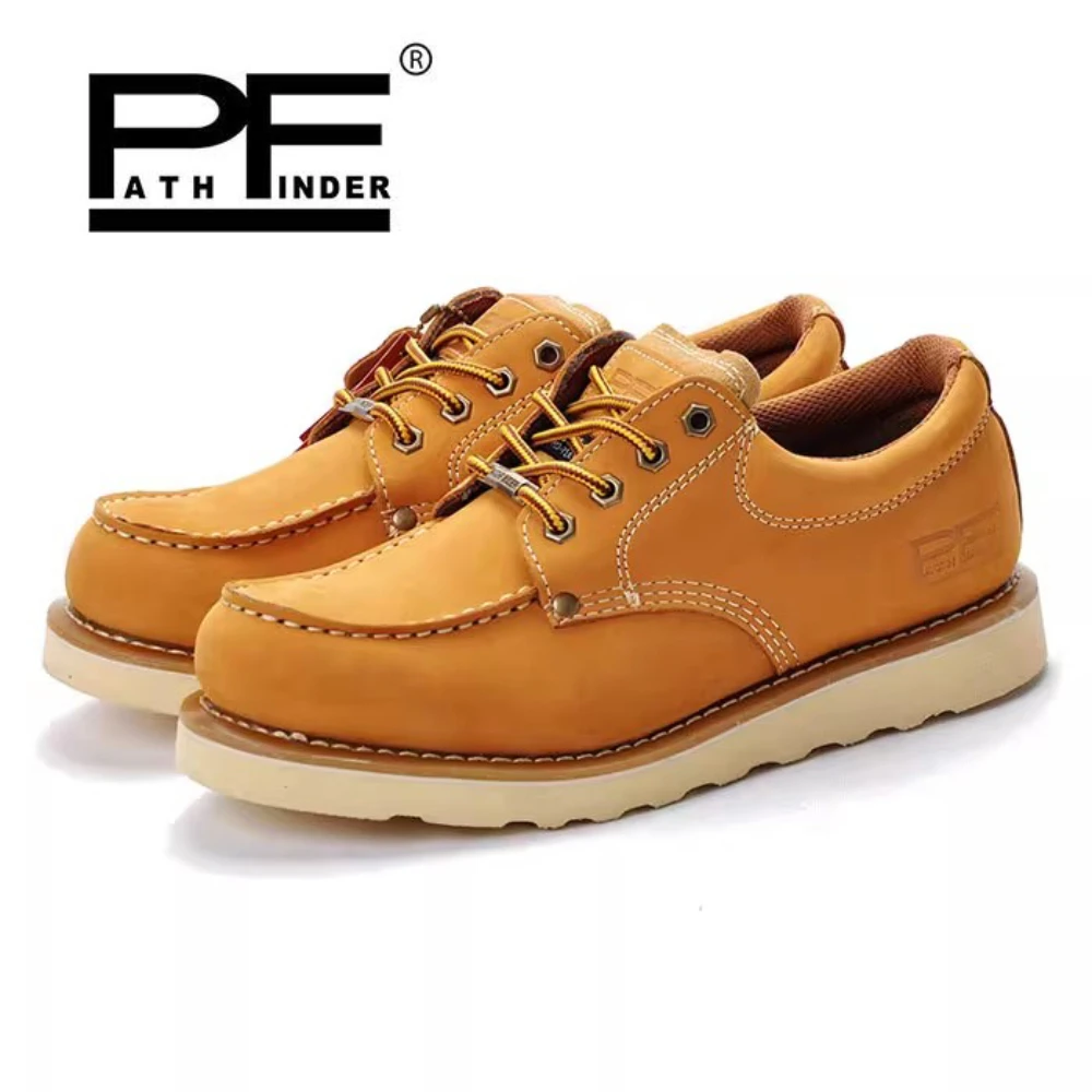 

PFGenuine Leather Goodyear Welted Ankle Boots Men's Boat Shoes Round-Toe Combat Boots Retro Western Cowboy Boot Women Work Boot