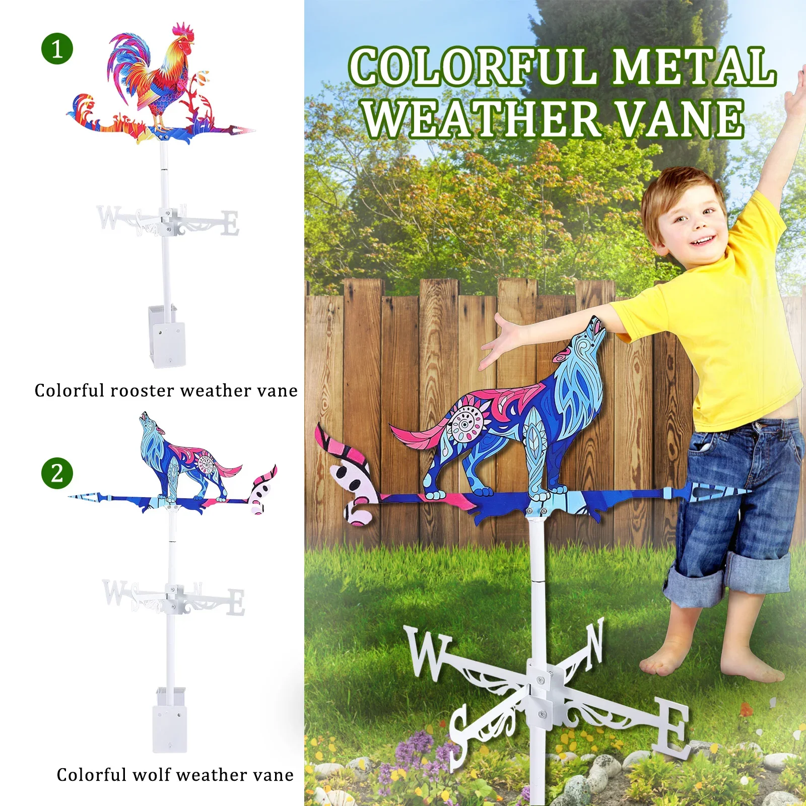 Colorful Stainless steel Rooster Wind Vane Rooftop Weather Indicator Wolf Decorations Retro Outdoor Garden Farm Wind Direction