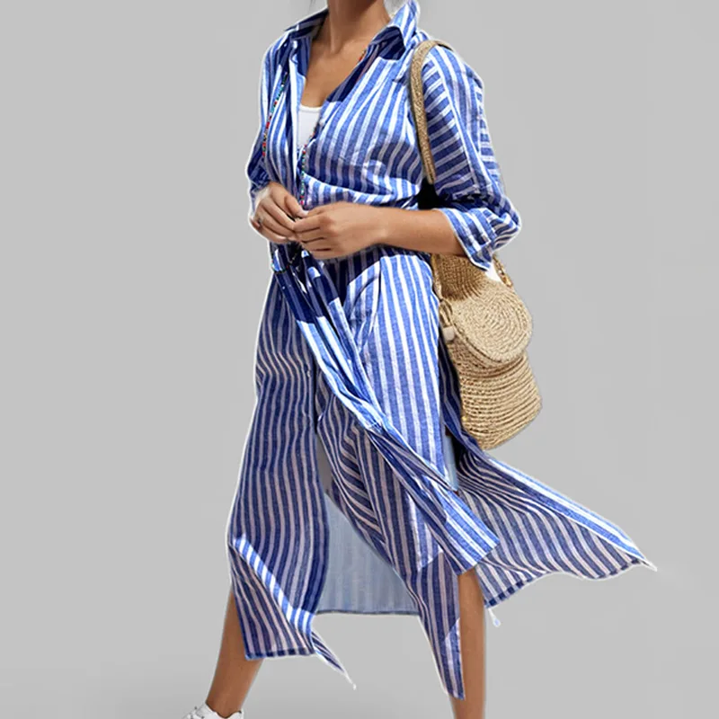 

SKMY 2025 Spring Women Clothing Fashion New Striped Single-Breasted Cardigan Three-Quarter Sleeve Turn-Down Collar Shirt Dress