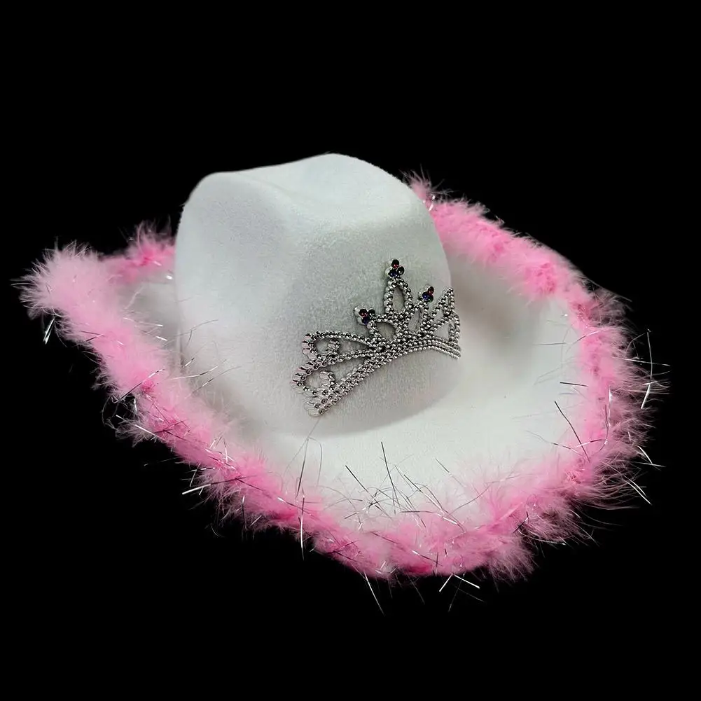 Cowboy Hat Christmas Stage Carnival Party Pink Cowboy Hat With White Feather Edge Western Style Illusion