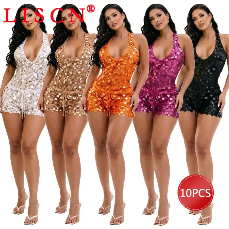 10 Wholesale Lots Short Sets Women Summer 2026 Knitting Beach Two Piece Set Outfits Sequins Halter Backless Vest + Shorts K16721