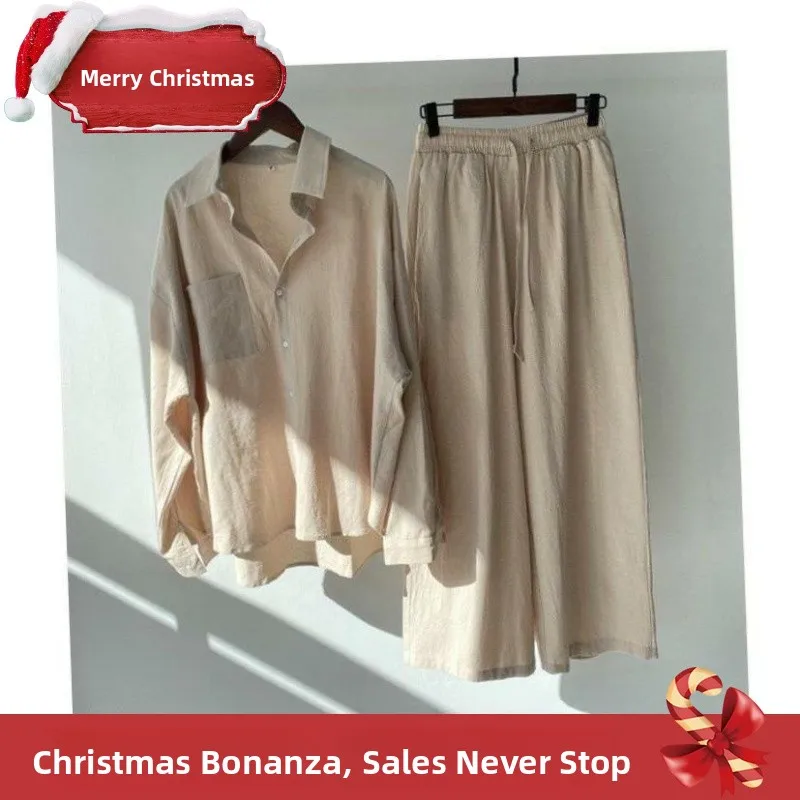 Traje de Csa de Lino y Aodón para Mujer, Cintura Alta, Estilo Recto, Lazo de Mariposa, Estampado Deado y Cálido, Cárdi...