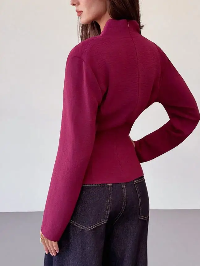 

2025 Autumn Solid Color Long Sleeved Shirt with Cinched Waist To Show Off Weight Ice Silk Wrinkled Shirt T-Shirts Pullover Tops