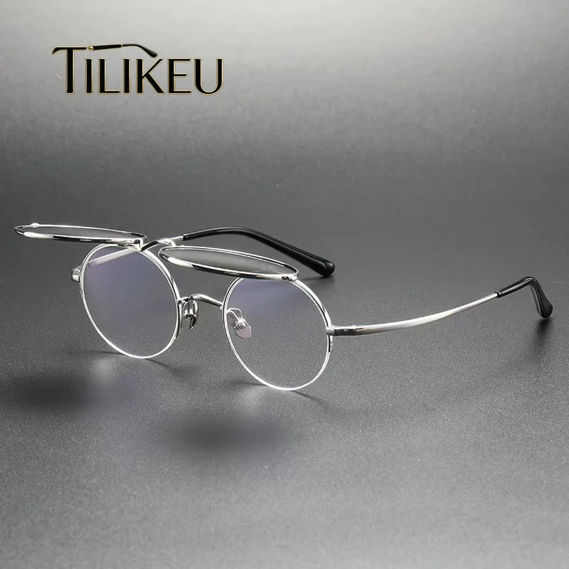 Double Layer Flip Pure Titanium Polarized Sunglasses Men Women Japanese Retro Half Rim Round Myopia Flip Up Glasses Frame UV400