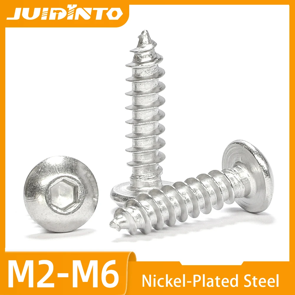 JUIDINTO 5-50 Stück Innensechskopf-Schrauben mit Rundkopf, selbstschneidend, vernickelt, Innensechskopf-Button-Schrauben M2 M2.3 M2.6 M3 M3.5 M4 M5 M6