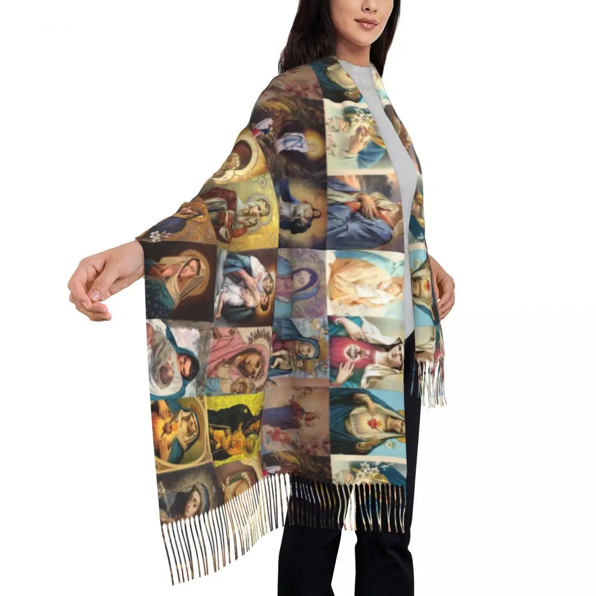 Virgin Mary Scarf Women Fashion Winter Wrap Shawl Catholic Christian Tassel Wraps