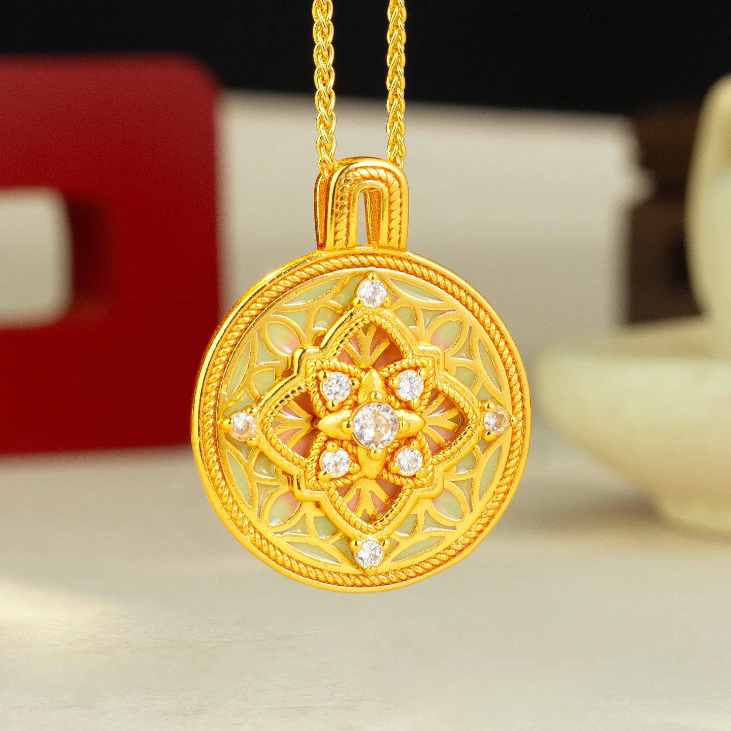 

Роскошный женский круглый брендовый кулон из чистого золота 9999 пробы из настоящего золота 24 карата, древняя модная цепочка на ключицу