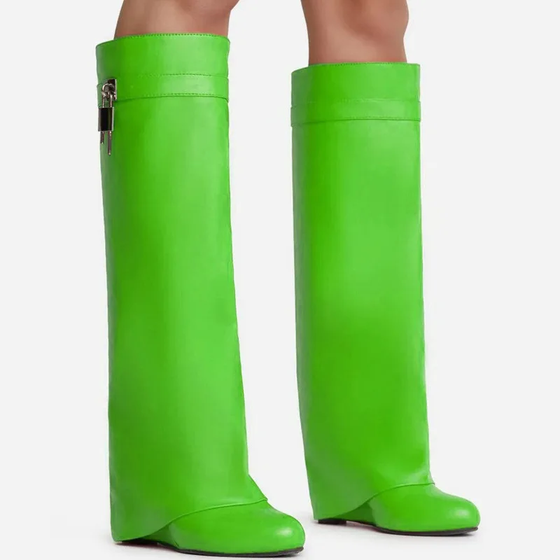 

2026 Fashion Shark Lock Women Boots Wide-calf Wedge Heel 10.5 Knee High Boot Motorcycle Leather White Red Boots Shoes