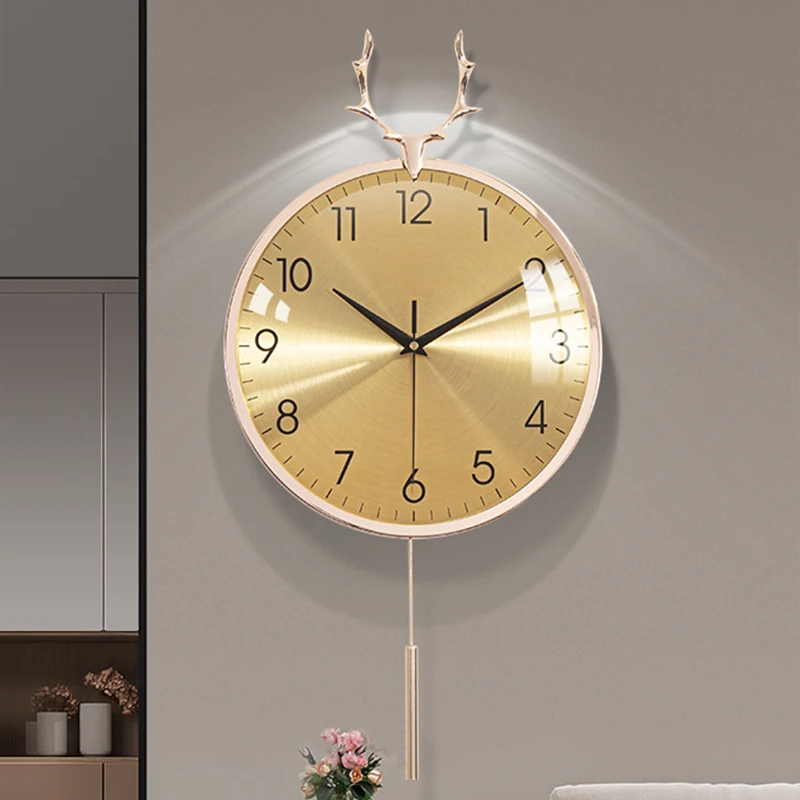 Brass Wall Clock Aesthetic Copper Deer Living Dining Room Restaurant Home Wall Decorations Bedroom Clocks Watch With Pendulum