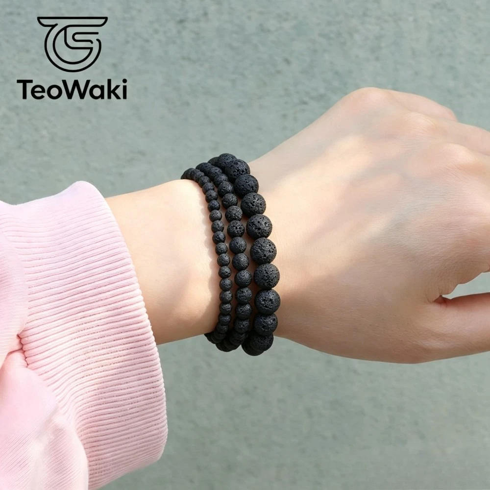 TeoWaki Natural Volcanic Rock Stone 3Piece Beaded Elastic Bracelet Bring lift low mood restore energy and vitality Women Men19cm