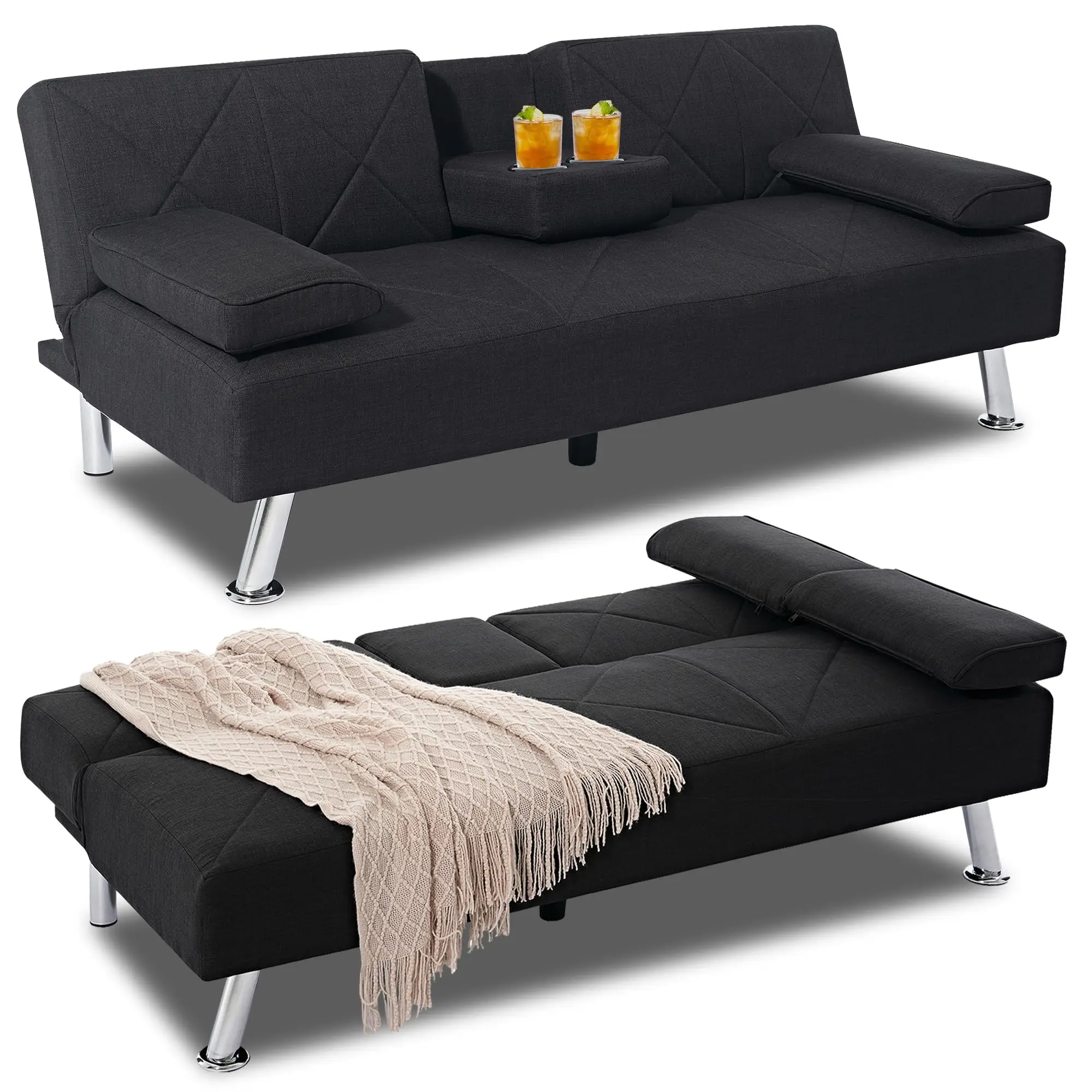 

Modern Convertible Futon Sofa Bed With Removable Armrests And Cup Holders Black