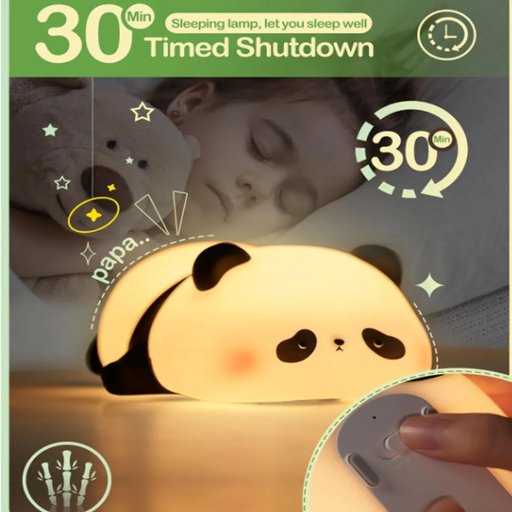 Panda LED Night Light Cute Silicone Night Light USB Rechargeable Touch Night Lamp Bedroom Timing Lamp Decoration Children's Gift