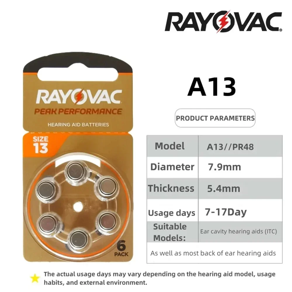 

6-60 PCS A13 Hearing Aid Batteries Zinc Air Rayovac Peak Size 13A 13 P13 PR48 Hearing Aid Battery For BTE CIC RIC OE Hearing Aid