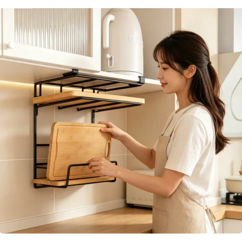 Organizador de Cocina Colgante para Debajo del Armario con Ganchos, Porta Rollos de Papel, Tabla de Cortar y Tapa para Ollas
