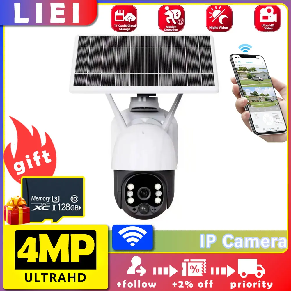 

LIEI WIFI Solar 2K 4MP UHD Camera Outdoor PIR Human Detection Wireless PTZ Camera Color Night Vision 2-Way Audio Home Security
