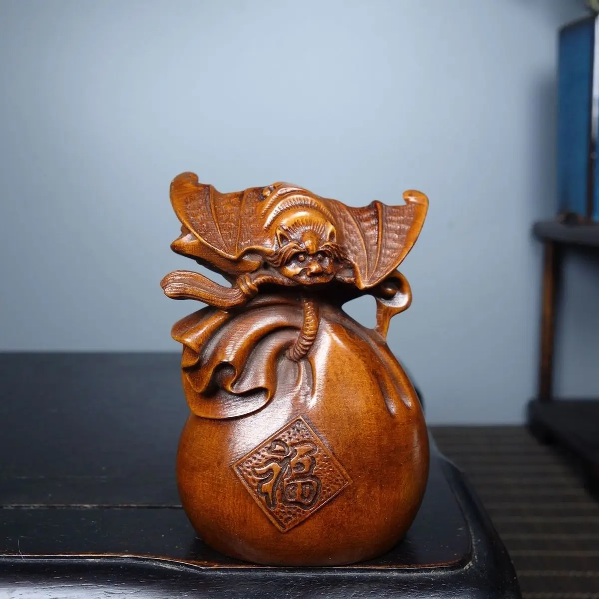 Hand Carved Wood Bat wealth money bag Statue Figurine Desktop Ornaments Home Decoration Crafts Tea Pet Decor