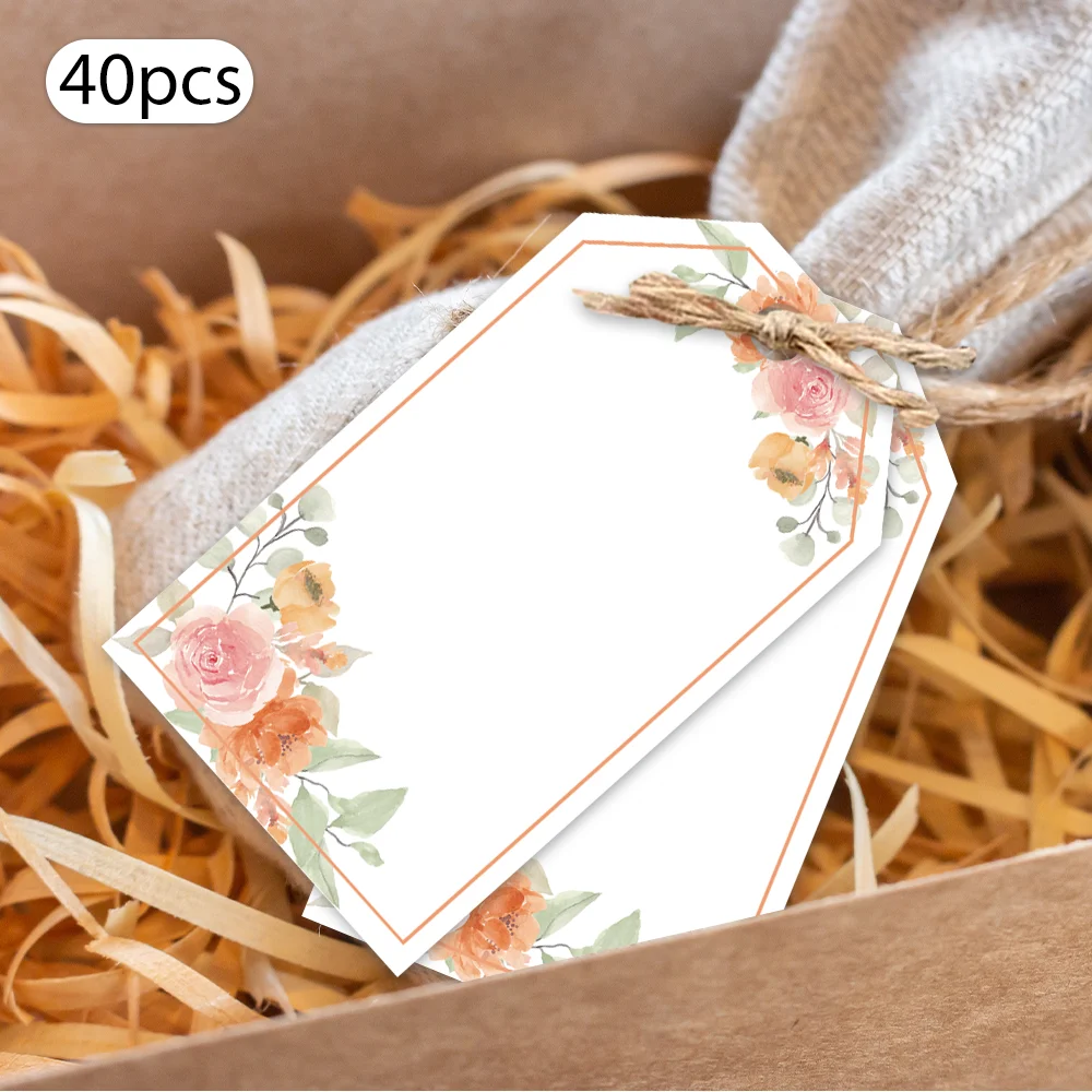 40 etiquetas florales en blanco para regalos, bodas, duchas de novia, cumpleaños, tarjetas de mensajes, tarjetas de felicitación, con hilo de yute incluido.