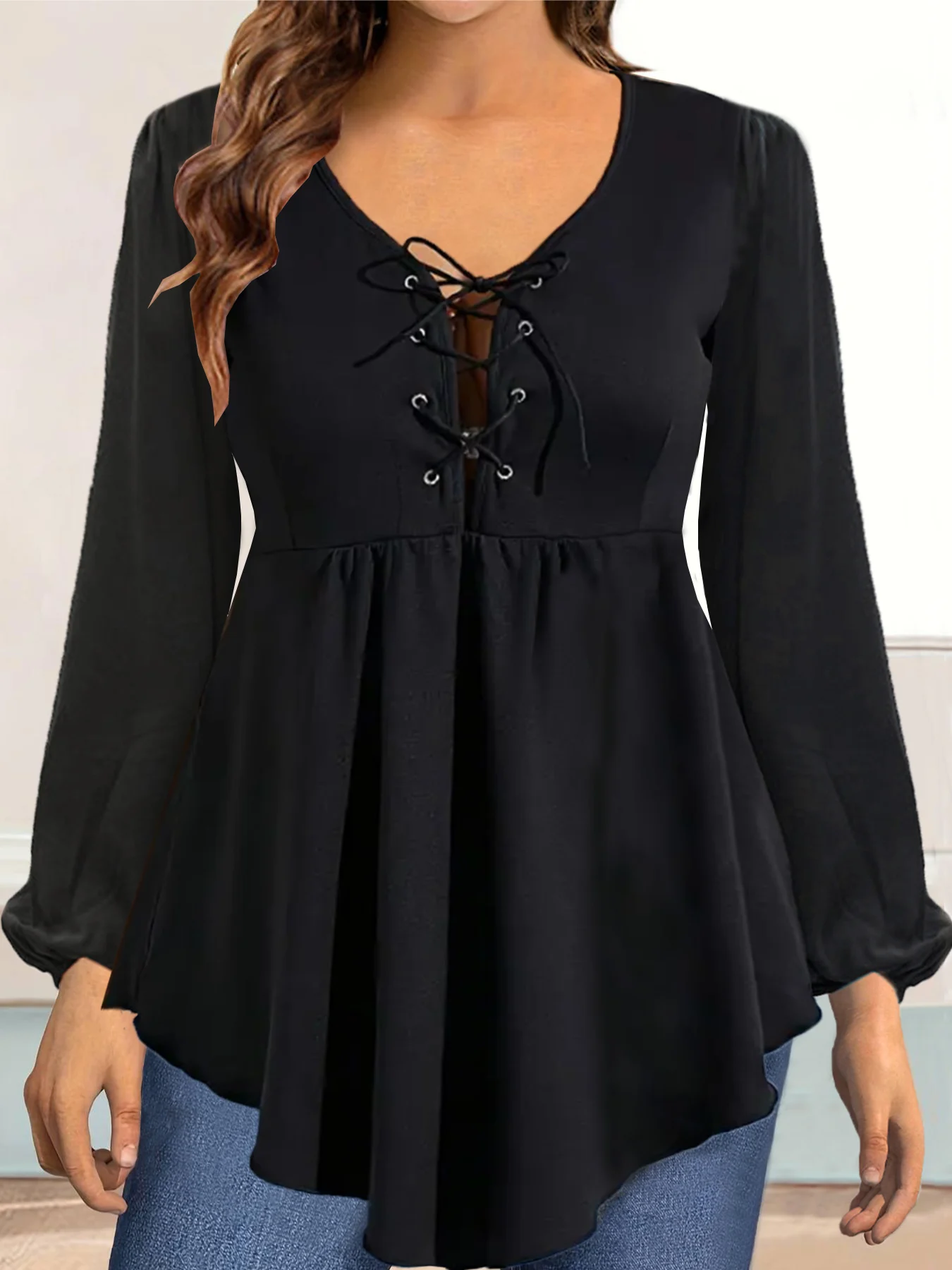 Women Plus Size Blouse Shirts Long Sleeve Lace Up V-Neck Pleated Asymmetric Hem Solid Black Casual Office Lady Puff Sleeve Tops