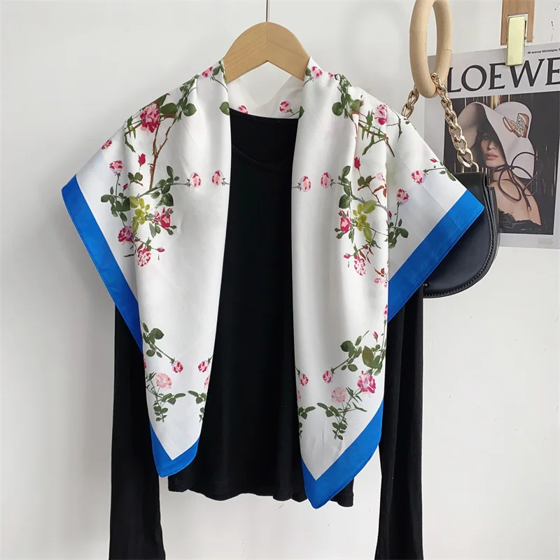 2024 Spain Fashion Million Floral Square Silk Scarf Ladies High Quality Print Soft Shawls and Wraps Bufanda Muslim Hijab 90*90Cm