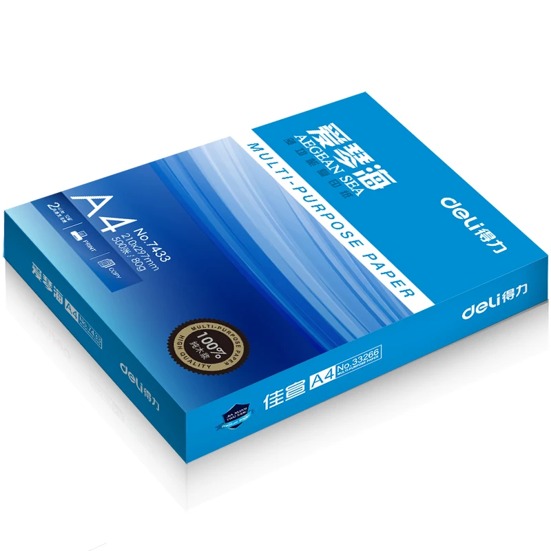 Pacote com 500 Folhas de Papel Multiuso A4 Deli 70/80g Série Mar Egeu Papel para Cópia e Impressão 7420/7433