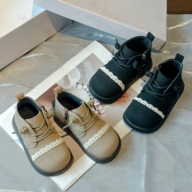 

Детские однотонные нескользящие короткие сапоги с кружевным дизайном, осень 202, винтажные универсальные удобные одинарные ботинки на шнуровке для девочек