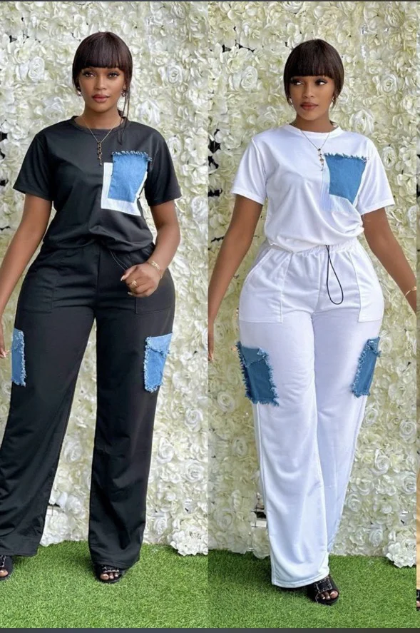 2 Piece Women Set Dashiki Denim African Clothes Summer New Fashion Short Sleeve Top And Pants Suit Party Lady Matching Sets