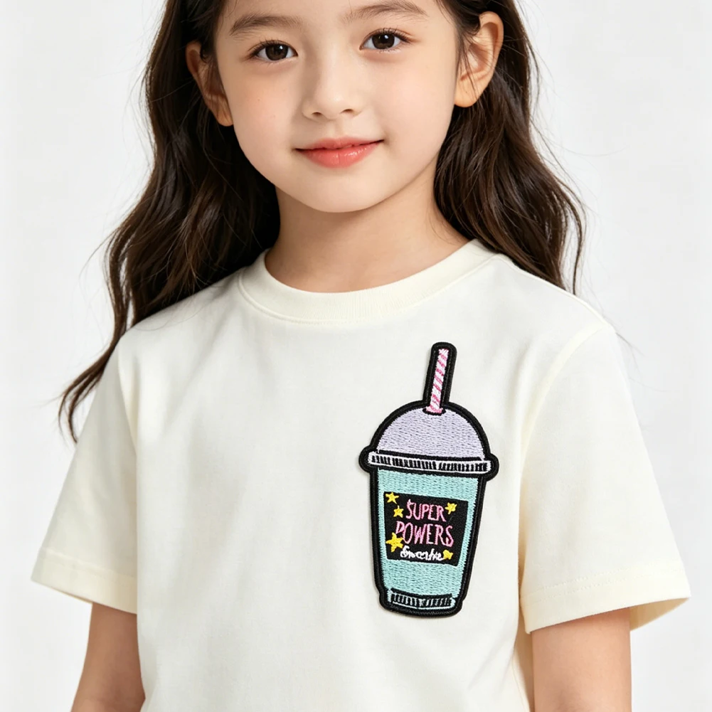 

2pcs Colorful Milk Tea Embroidery Patch Iron on Sew on Super Powers Smoothie Badge for Clothes Backpack Decor DIY Gift