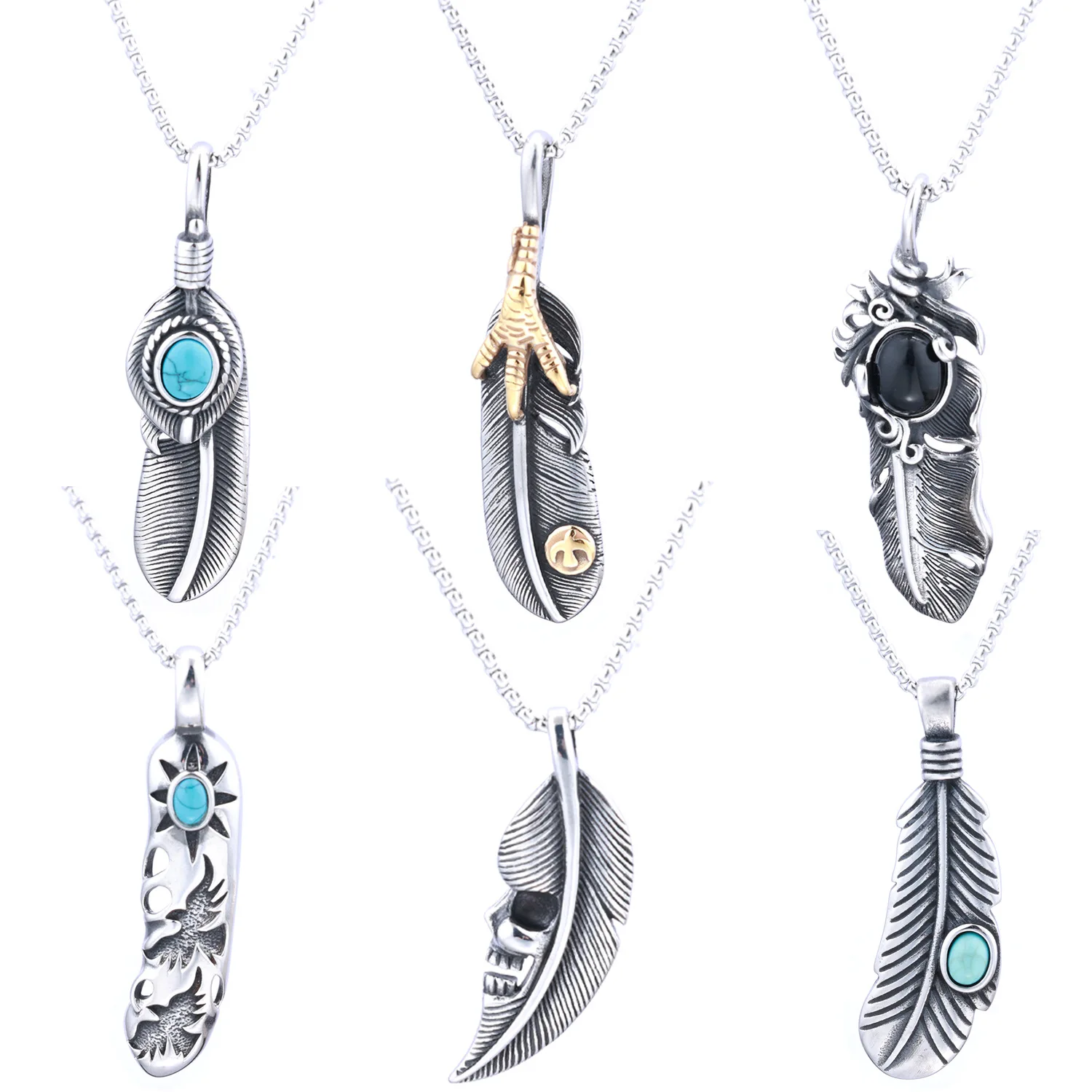 

2026 New Personality Punk Trend Flow 925 Silver Daily Street Photography Retro Cycling Turquoise Feather Pendant Necklace
