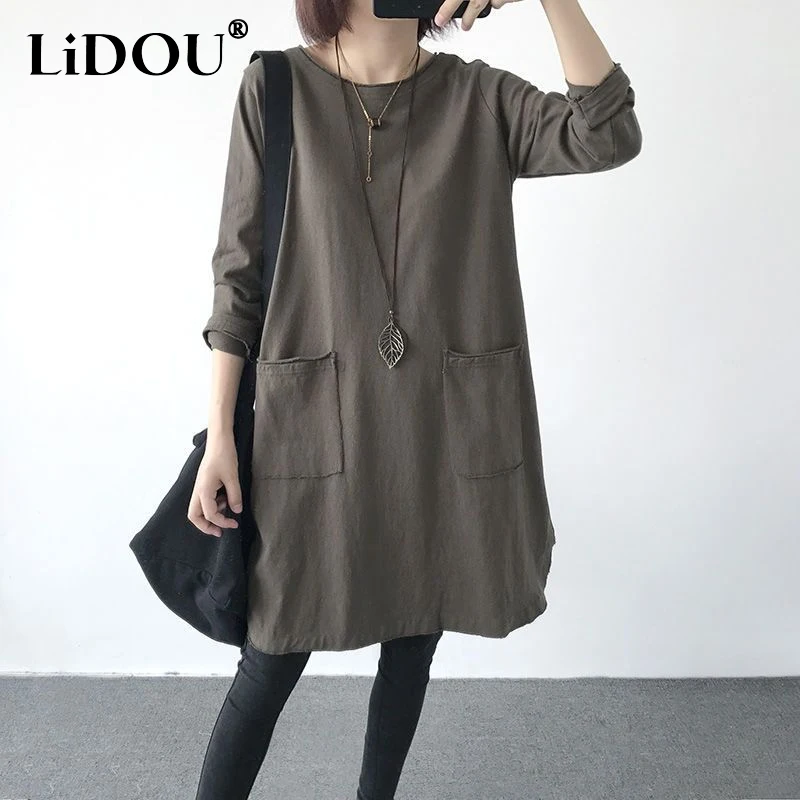 

2023 Autumn Autumn Round Neck Long Sleeve Solid Color Midi Dress Women Fashion Pockets Casual Loose Cotton All-match Vestidos