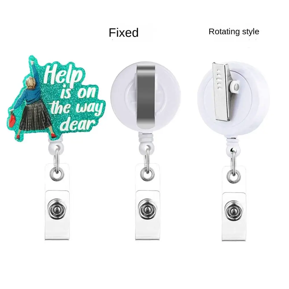 Help Is on The Way Dear Retractable Badge Reel Glitter Acrylic ID Badge Holder ID Card Clips 360 Rotating Name Holder