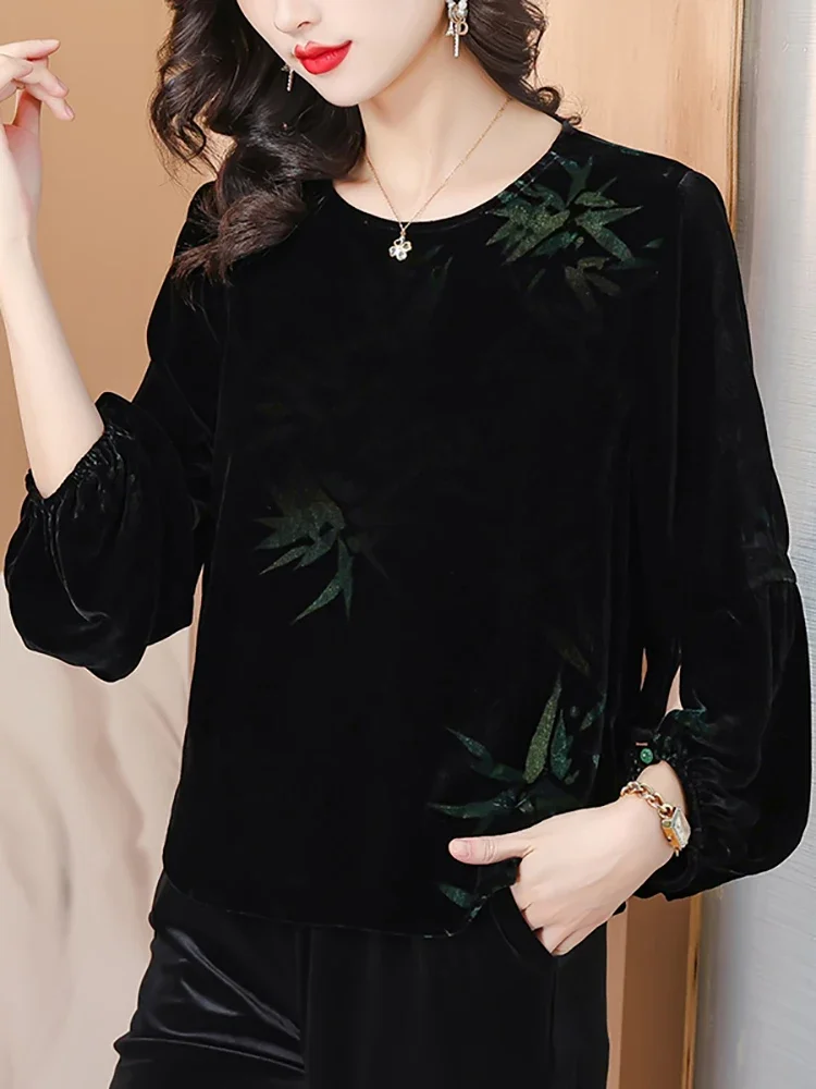 Autumn Winter Black Print Velvet Casual Top Coats Women Korean Vintage Luxury Blouses 2024 Long Sleeve Elegant Loose Top Coats