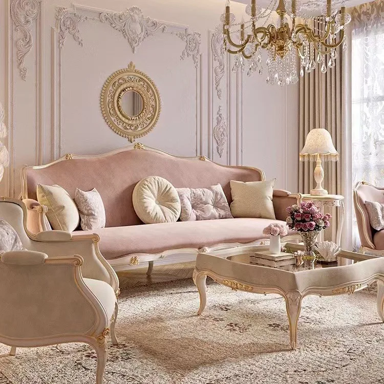 

French solid wood sofa living room court style small apartment furniture carved cream style three-person sofa princess combinati