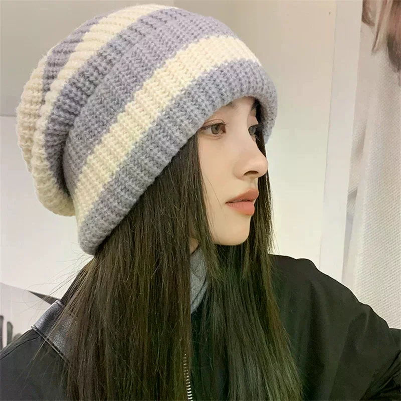 Winter Warm Hats For Women Casual Stacking Knitted Bonnet Caps Men Hats Stripe Hip Hop Unisex Female Beanies