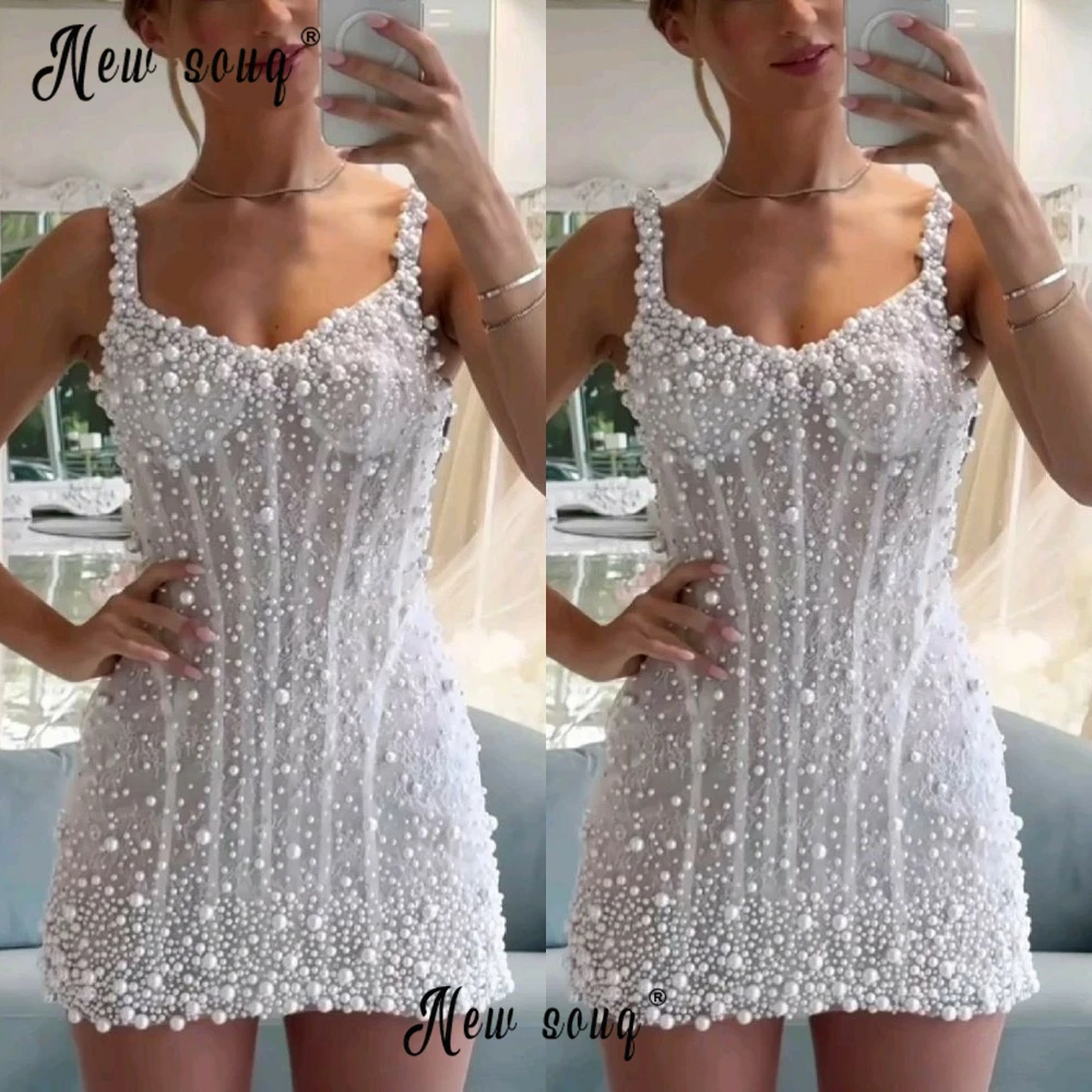 Women  Pearl Short Prom Dress 2025 Elegant Party Evening Stage Performance Cocktail Dress Spaghetti Straps Mini Party Dress