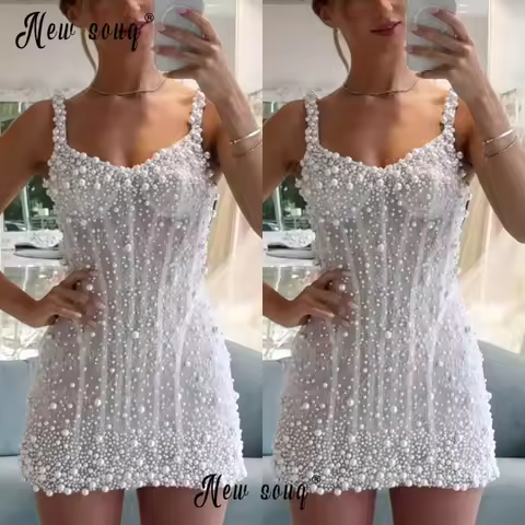 Women Pearl Short Prom Dress 2025 Elegant Party Evening Stage Performance Cocktail Dress Spaghetti Straps Mini Party Dress